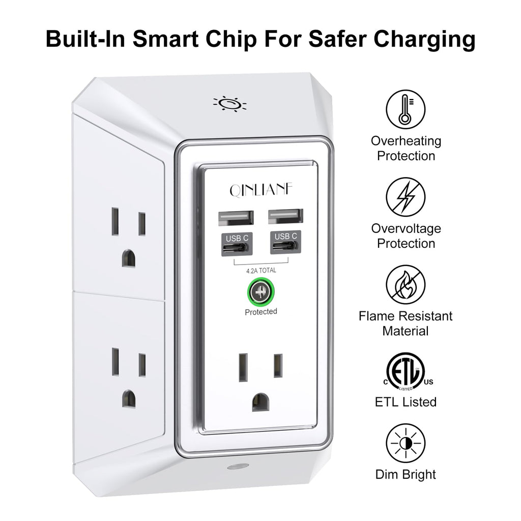 Surge Protector, QINLIANF 5 Outlet Extender with 4 USB Ports(2USB-C)
