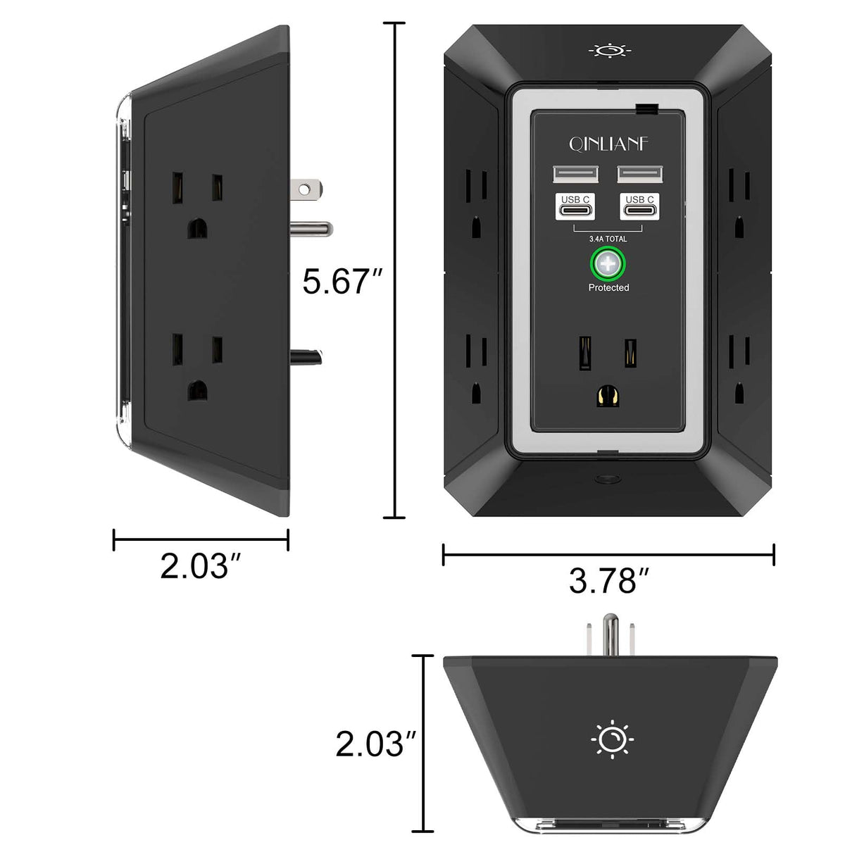 Surge Protector, QINLIANF 5 Outlet Extender with 4 USB Ports(2USB-C)