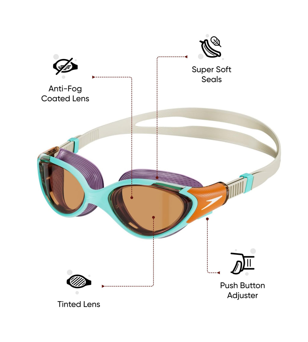 Speedo Damen Biofuse 2.0 Schwimmbrille | Weibliches Design | Patentierter Verstellmechanismus | Anti-Beschlag | Anti-Leck | Comfort Fit Schwimmbrille (1 Stück)