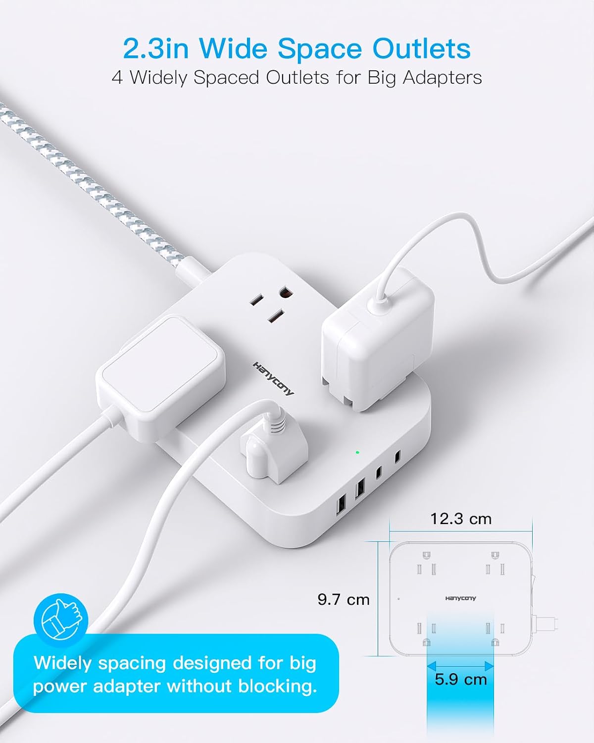 10 Ft Extension Cord, Flat Power Strip with 4 Outlets 4 USB Ports (2 USB C)