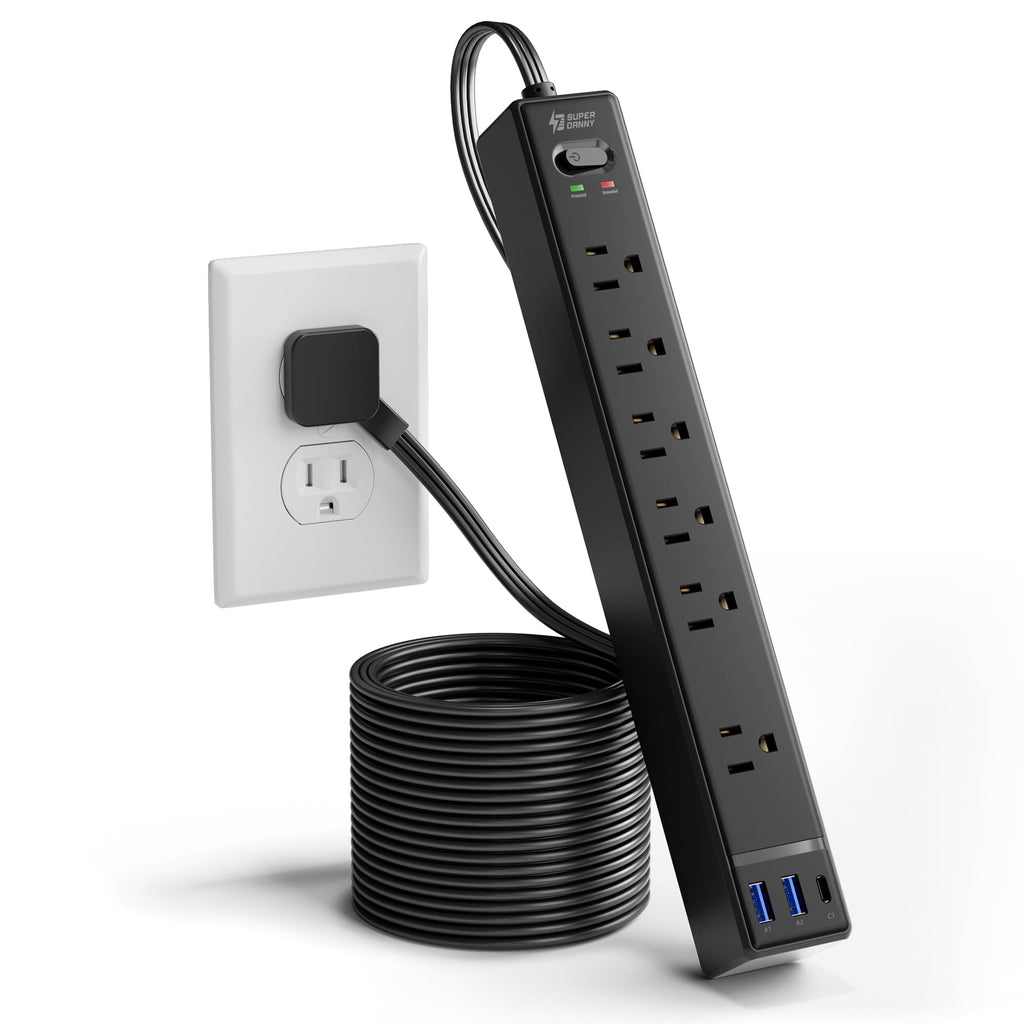 SUPERDANNY 6Ft Thin Extension Cord, Flat Plug Surge Protector Power Strip