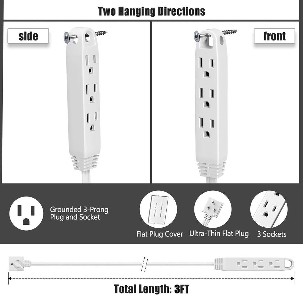 CABOCASA 3FT Flat Plug Extension Cord Power Strip 3 Outlets White Upward