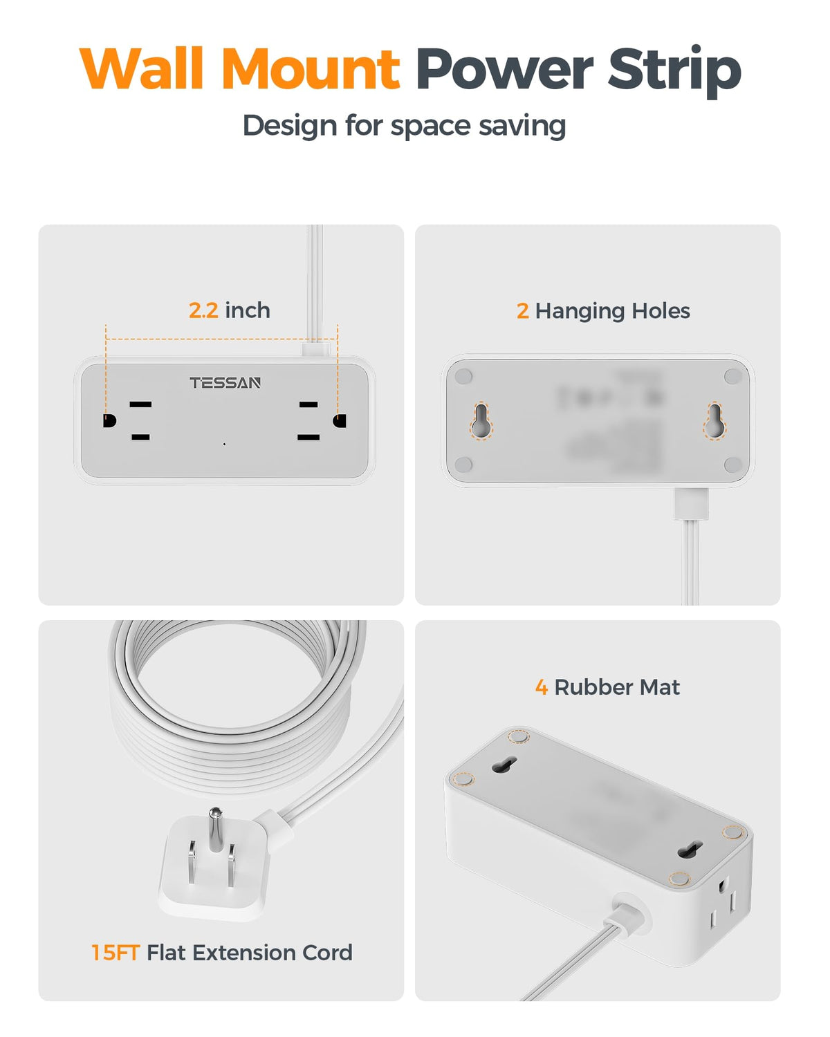 TESSAN Extension Cord 10 FT, Power Strip with 900J Surge Protection, Grey