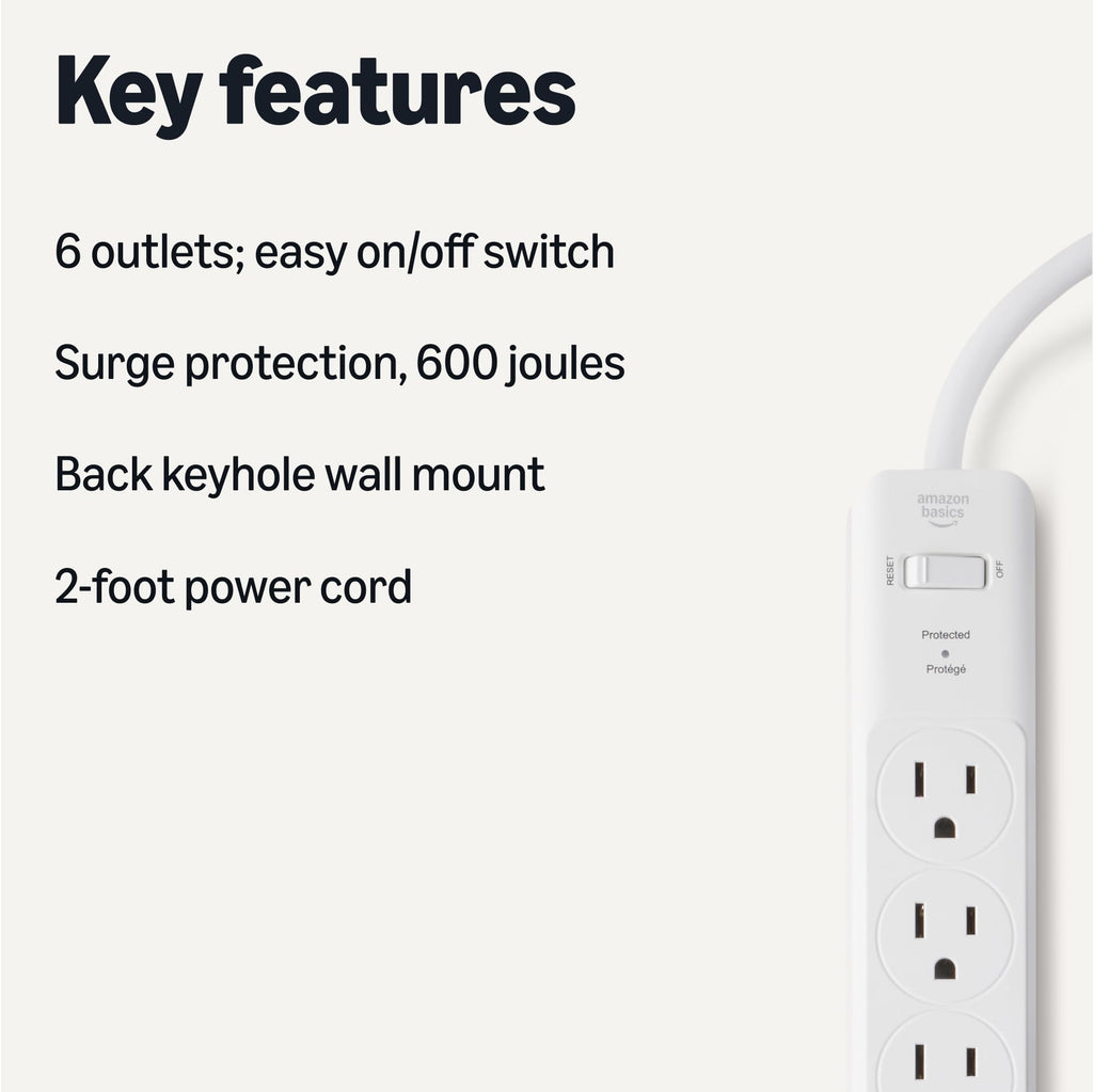 Amazon Basics Surge Protector Power Strip, 6-Outlet with 200J Protection, Circuit Breaker, LED Indicator, On/Off Switch, Wall-Mounting, 2ft Extension Cord, White, 2-Pack