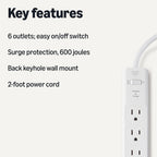 Amazon Basics Surge Protector Power Strip, 6-Outlet with 200J Protection, Circuit Breaker, LED Indicator, On/Off Switch, Wall-Mounting, 2ft Extension Cord, White, 2-Pack