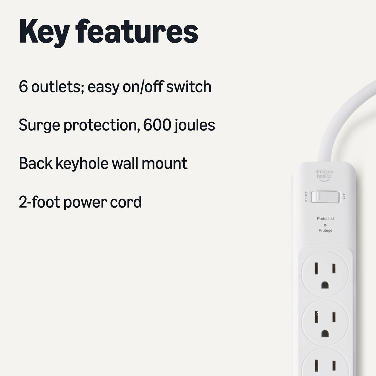 Amazon Basics Surge Protector Power Strip, 6-Outlet with 200J Protection, Circuit Breaker, LED Indicator, On/Off Switch, Wall-Mounting, 2ft Extension Cord, White, 2-Pack
