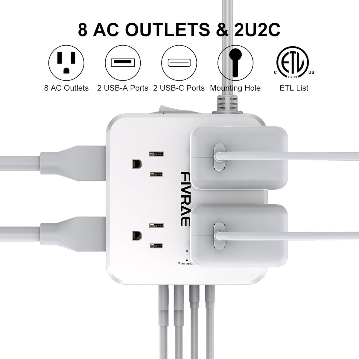 10Ft Extension Cord with Multiple Outlets, 8 Outlets and 4 USB Ports
