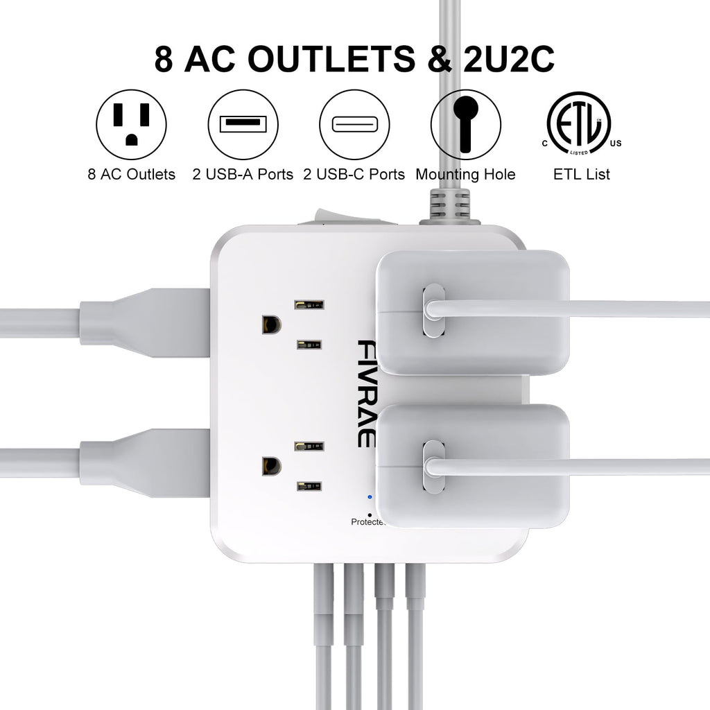 10Ft Extension Cord with Multiple Outlets, 8 Outlets and 4 USB Ports