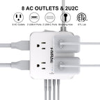 10Ft Extension Cord with Multiple Outlets, 8 Outlets and 4 USB Ports