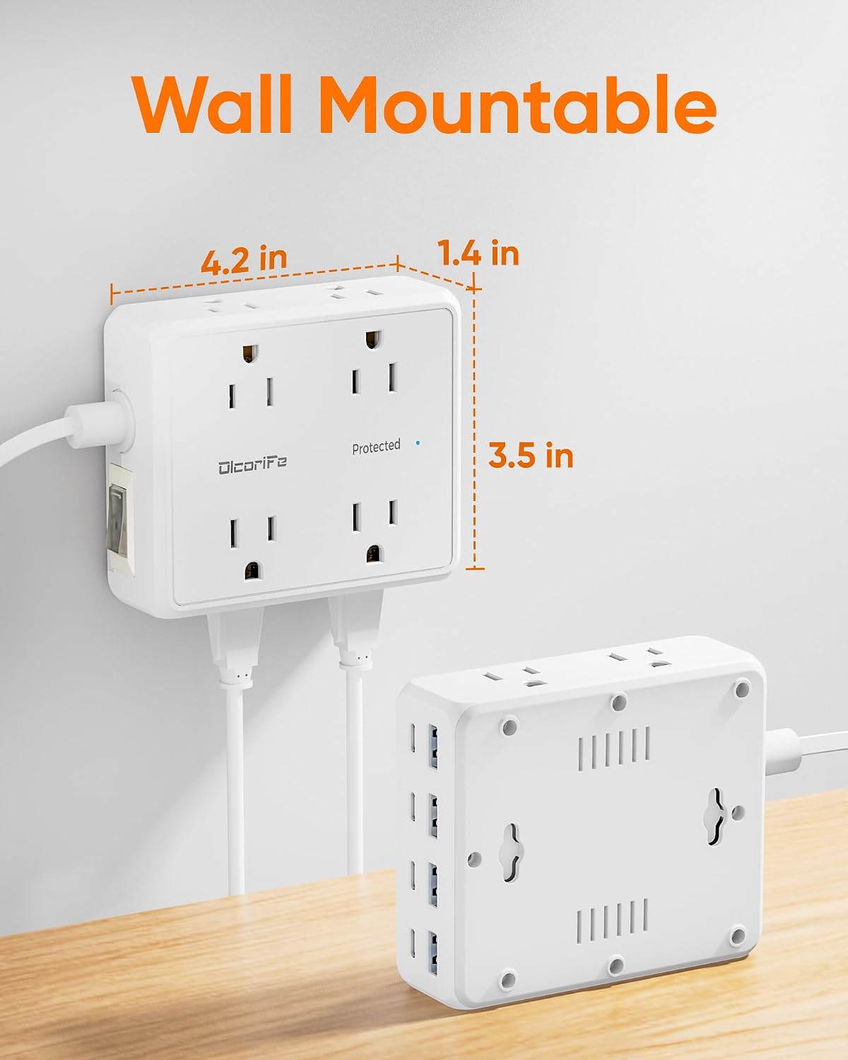 Olcorife Flat Plug Power Strip with 25 FT Extension Cord, 8 Outlets 8 USB Ports(4 USB C), 3 Sided Outlet Extender for Home Office Travel Dorm Room Essentials, White