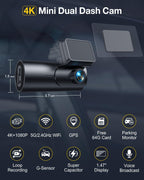 GKU 4K Dash Cam Front and Rear, 5GHz WiFi GPS, 64GB SD Card Included
