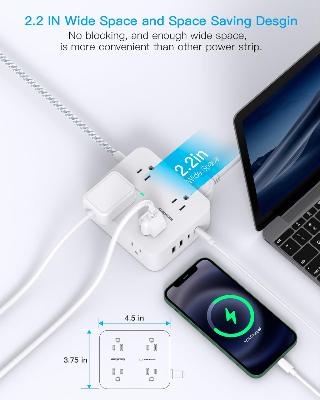 HANYCONY Surge Protector Power Strip, 10 Ft Braided Extension Cord, 1080J