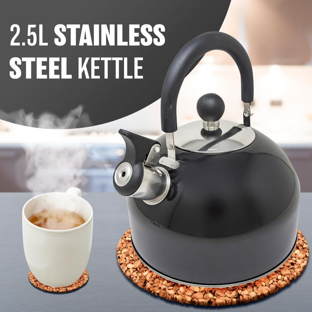 2.5L Stainless Steel Whistling Kettle - Suitable for Fishing, Camping, Hiking, Indoor & Outdoor | Camping Kettle for Gas Stove, Electric Stove, Camp Fire | Lightweight, Fast Boil, Phenolic Handle