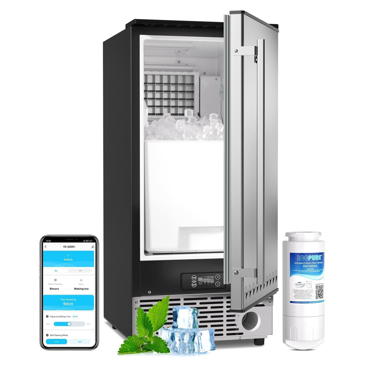 ICEPURE Nugget Ice Makers Countertop with App, Portable Ice Machine