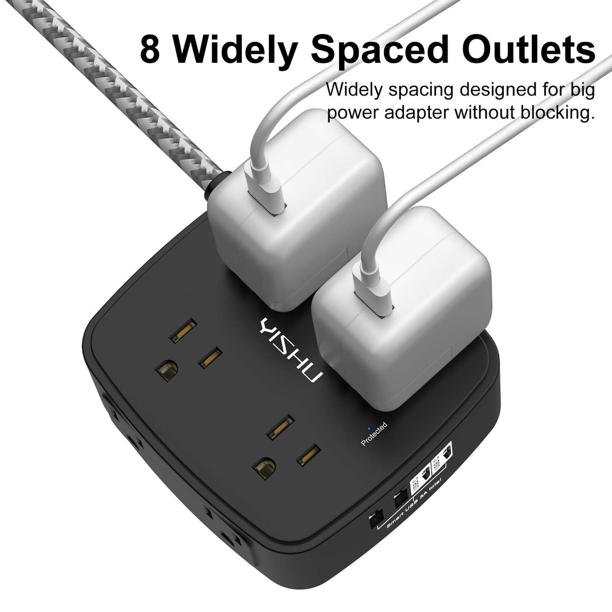 6 Ft Surge Protector Power Strip - YISHU 8 Widely Outlets with 4 USB Ports, 3 Side Outlet Extender with 6 Feet Flat Extension Cord, Ultra Flat Plug, Wall Mount, Desk USB Charging Station, ETL, Black