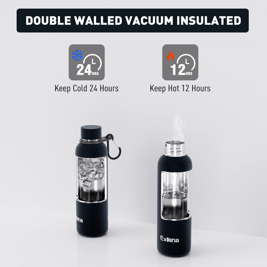 Exllena Insulated Black Water Bottles 750ml with Clip, Double Wall Vacuum Drinks Bottle Keeps Drinks Cold 24 Hrs/Hot 12 Hrs, Stainless Steel Water Bottle BPA Free