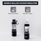 Exllena Insulated Black Water Bottles 750ml with Clip, Double Wall Vacuum Drinks Bottle Keeps Drinks Cold 24 Hrs/Hot 12 Hrs, Stainless Steel Water Bottle BPA Free