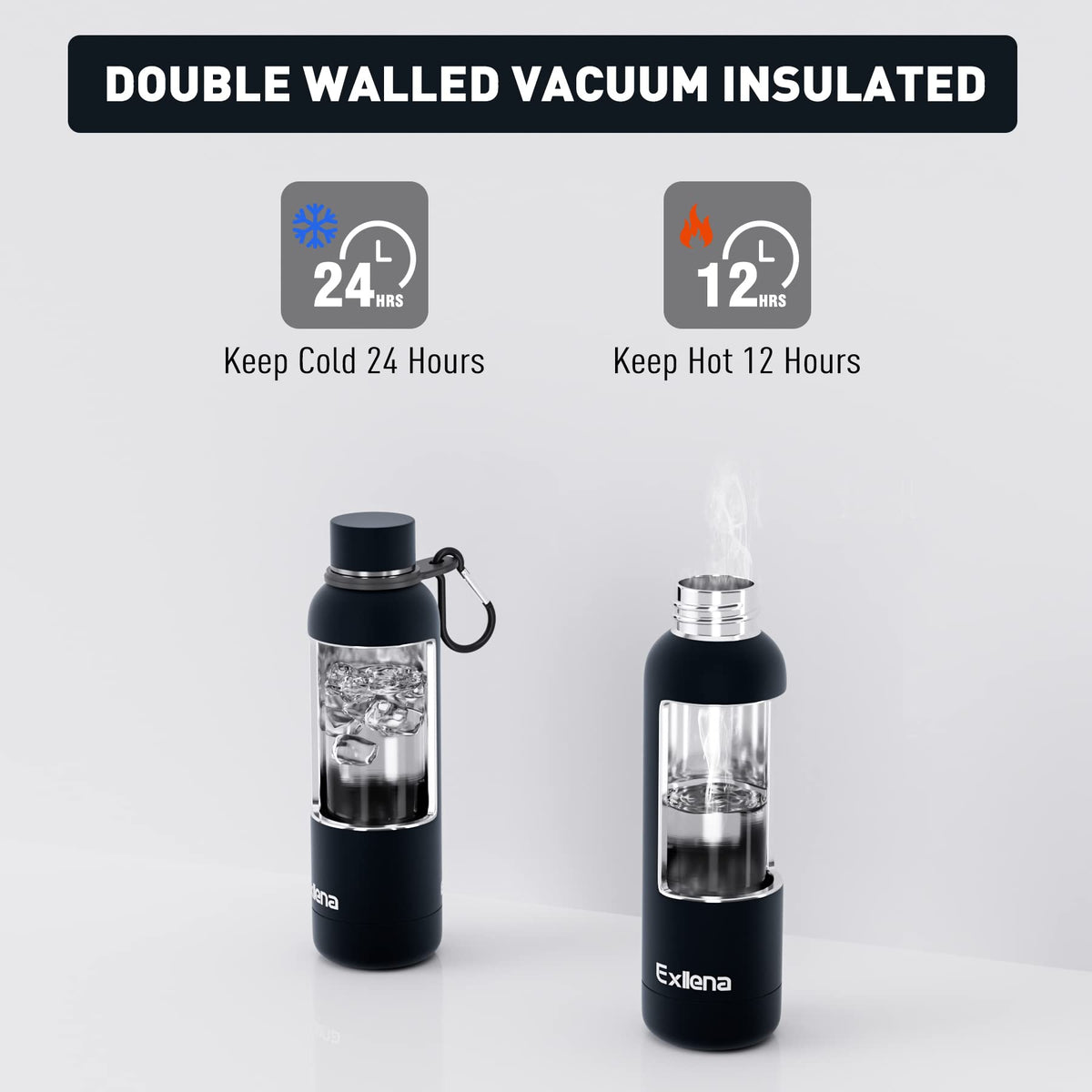Exllena Insulated Black Water Bottles 750ml with Clip, Double Wall Vacuum Drinks Bottle Keeps Drinks Cold 24 Hrs/Hot 12 Hrs, Stainless Steel Water Bottle BPA Free