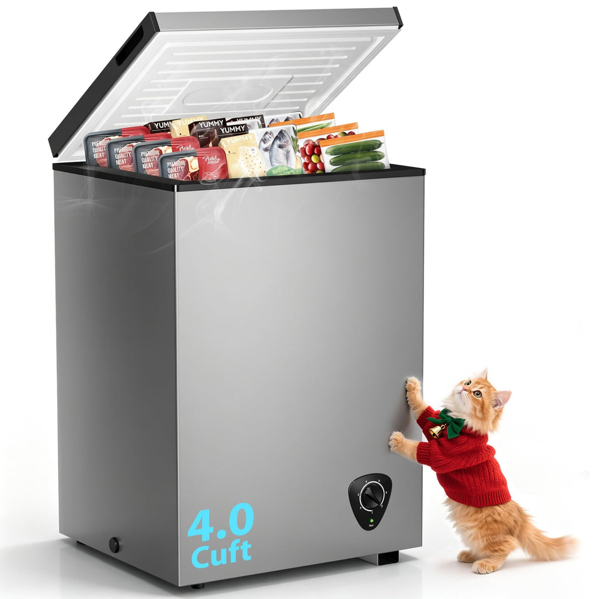 Lifeplus Chest Freezer, 3.5 Cubic Feet Small Deep Freezer Compact Top Open Door with Removable Basket, 7 Temperature Control Energy Saving Super Quiet for Kitchen Office Apartment Garage, Grey