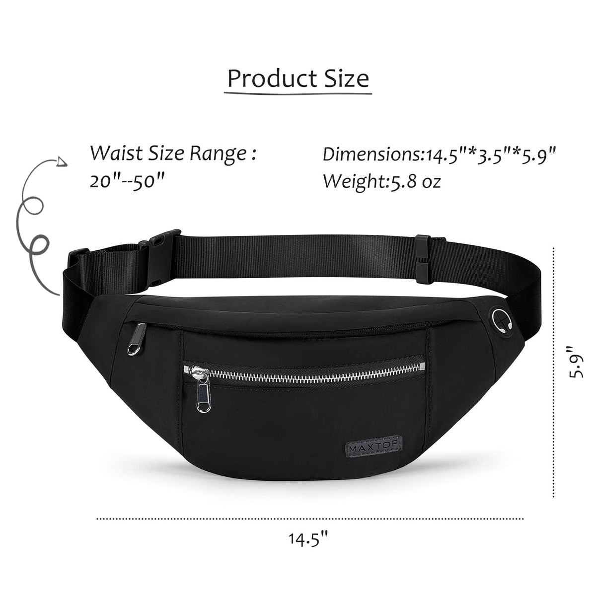 MAXTOP Large Bumbag Waist Fanny Pack Running Belt for Men Women Unisex Bum Bag with Headphone Jack and 4-Zipper Pockets Adjustable Belt for Travel Running Jogging Workout Hiking Gifts All Black