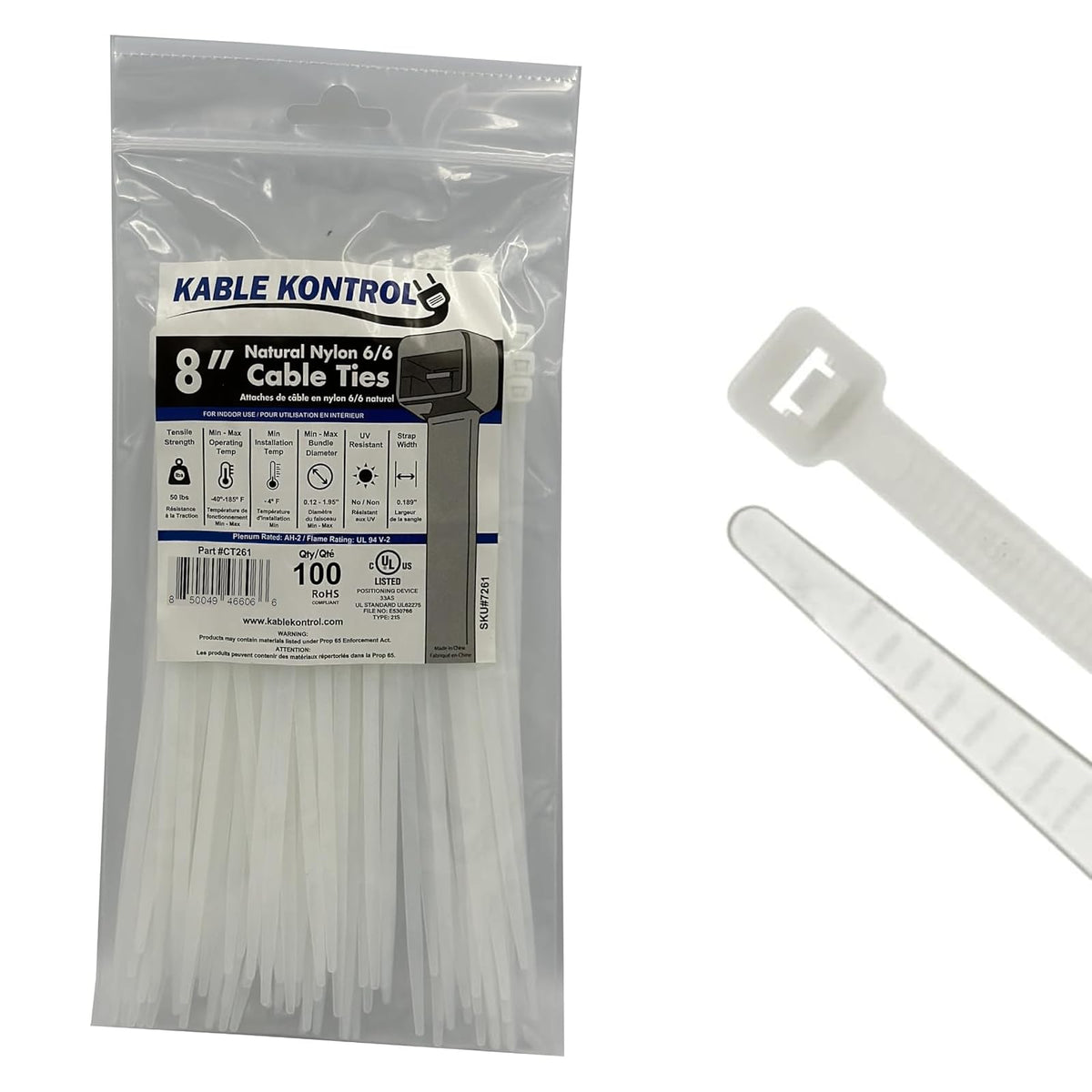 Kable Kontrol Cable Zip Ties, 4 Inch, 100 Pcs, 18lbs Test, Gray