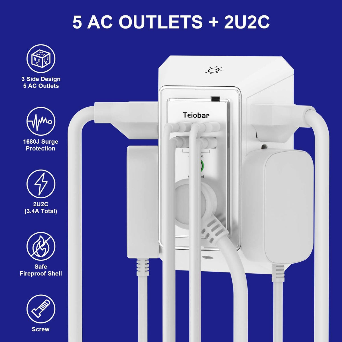 Multi Plug Wall Outlet Surge Protector with 6-Outlet & 4 USB Ports(2USB-C)