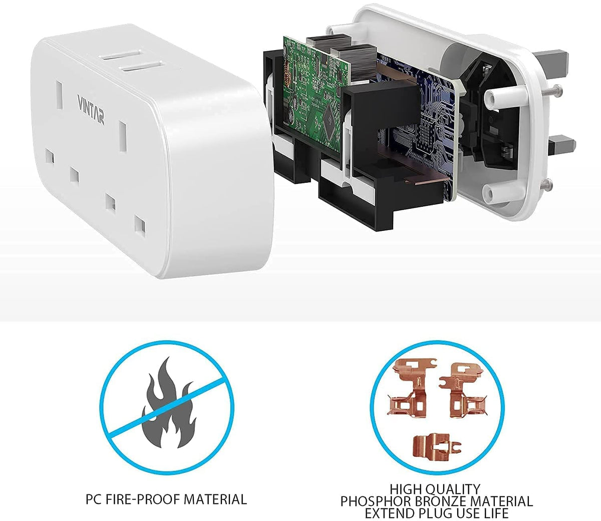 VINTAR Double Plug Adapter UK with 2 USB, 2 Way Plug Extension Sockets