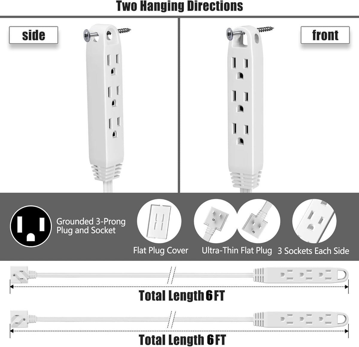 CABOCASA 3FT Flat Plug Extension Cord Power Strip 3 Outlets White Upward