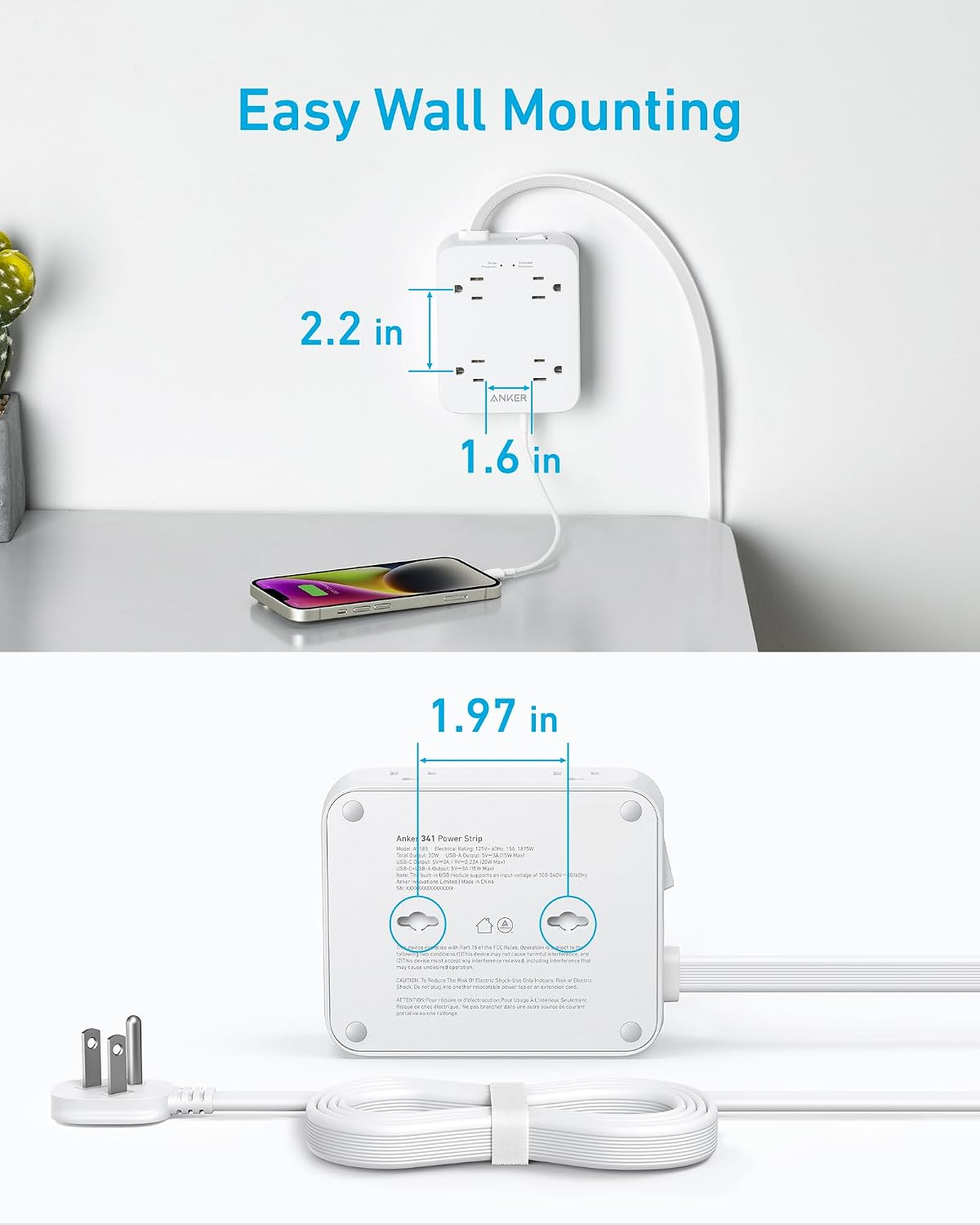 Anker Power Strip with 2000J Surge Protector, 10ft Outlet Extender, 20W 8AC