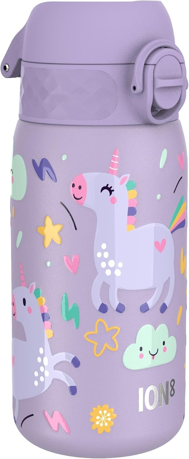 ION8 Lightweight Steel Kids Water Bottle, 400ml/13oz, Purple Unicorns