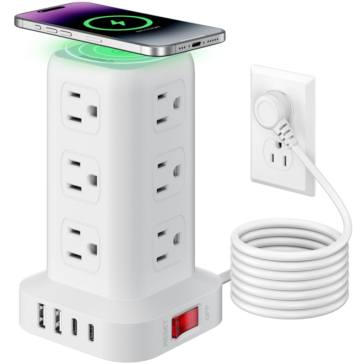 Extension Cord with Multiple Outlets, SMALLRT Power Strip Tower, PD 20W USB C, Outlet Extender with USB Ports 12 AC Outlets, 6.5FT Extension Cord for Home Office, Overload Protection
