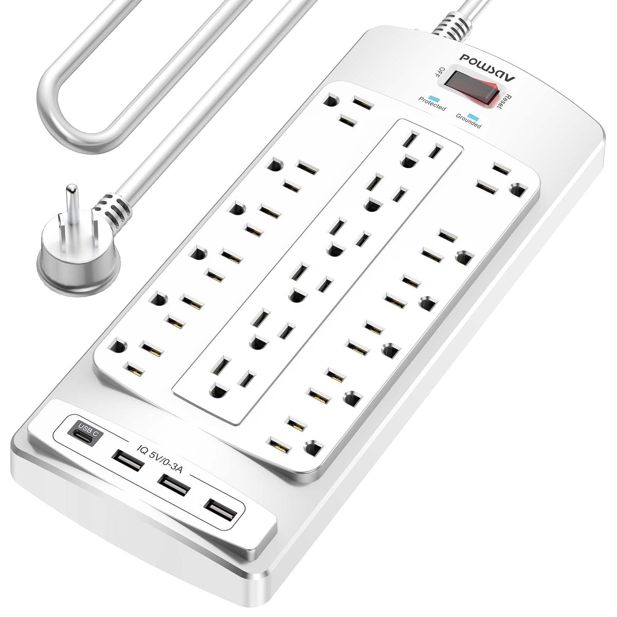 18 Outlets Surge Protector Power Strip - 6 Feet Flat Plug Heavy Duty Extension Cord with 18 Widely Outlets and 4 USB Ports, 2100 Joules, White, ETL Listed