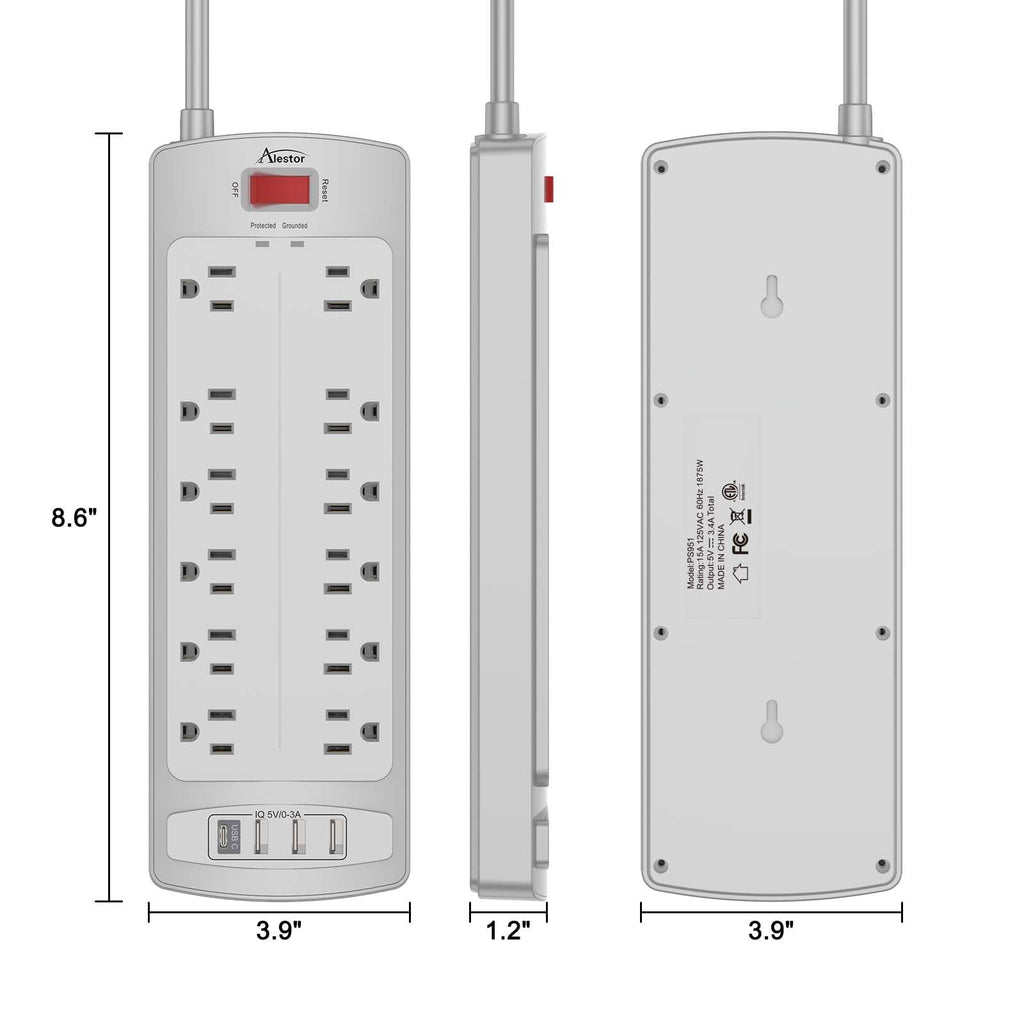 ALESTOR 6 Ft Surge Protector Power Strip with 12 Outlets and 4 USB Ports