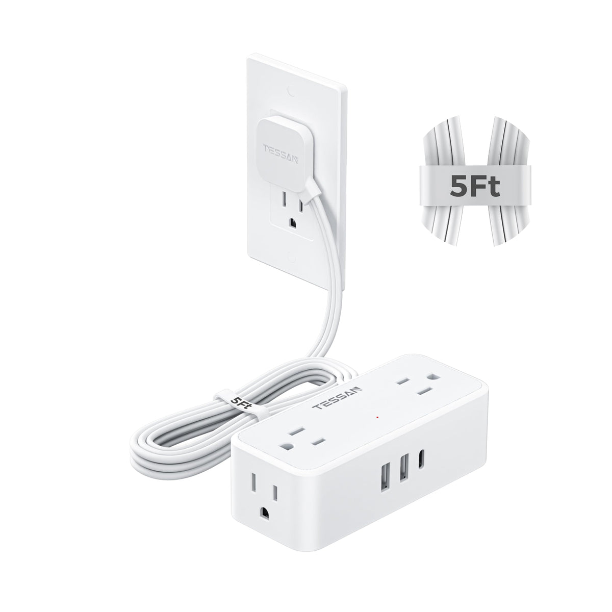 TESSAN Extension Cord 10 FT, Power Strip with 900J Surge Protection, Grey