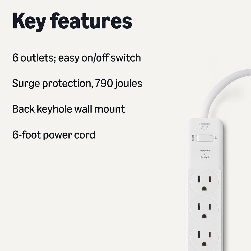 Amazon Basics Surge Protector Power Strip, 6-Outlet, 790 Joules, 6ft Extension Cord, Safety Shutters, White