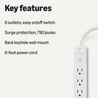 Amazon Basics Surge Protector Power Strip, 6-Outlet, 790 Joules, 6ft Extension Cord, Safety Shutters, White