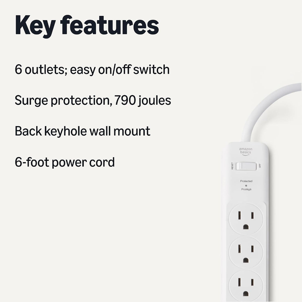 Amazon Basics Surge Protector Power Strip, 6-Outlet, 790 Joules, 6ft Extension Cord, Safety Shutters, White