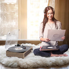 Seasonlife® Retro Vinyl Record Player with Stereo Speakers,Walnut Brown