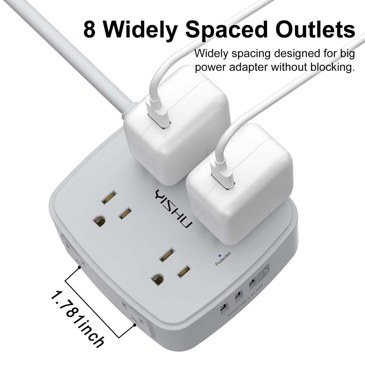 6 Ft Surge Protector Power Strip - YISHU 8 Widely Outlets with 4 USB Ports, 3 Side Outlet Extender with 6 Feet Flat Extension Cord, Ultra Flat Plug, Wall Mount, Desk USB Charging Station, ETL, Black