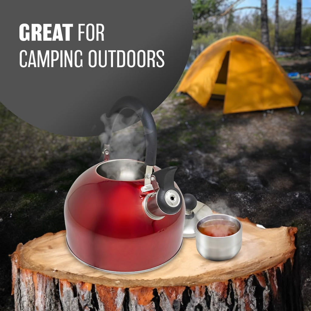 2.5L Stainless Steel Whistling Kettle - Suitable for Fishing, Camping, Hiking, Indoor & Outdoor | Camping Kettle for Gas Stove, Electric Stove, Camp Fire | Lightweight, Fast Boil, Phenolic Handle