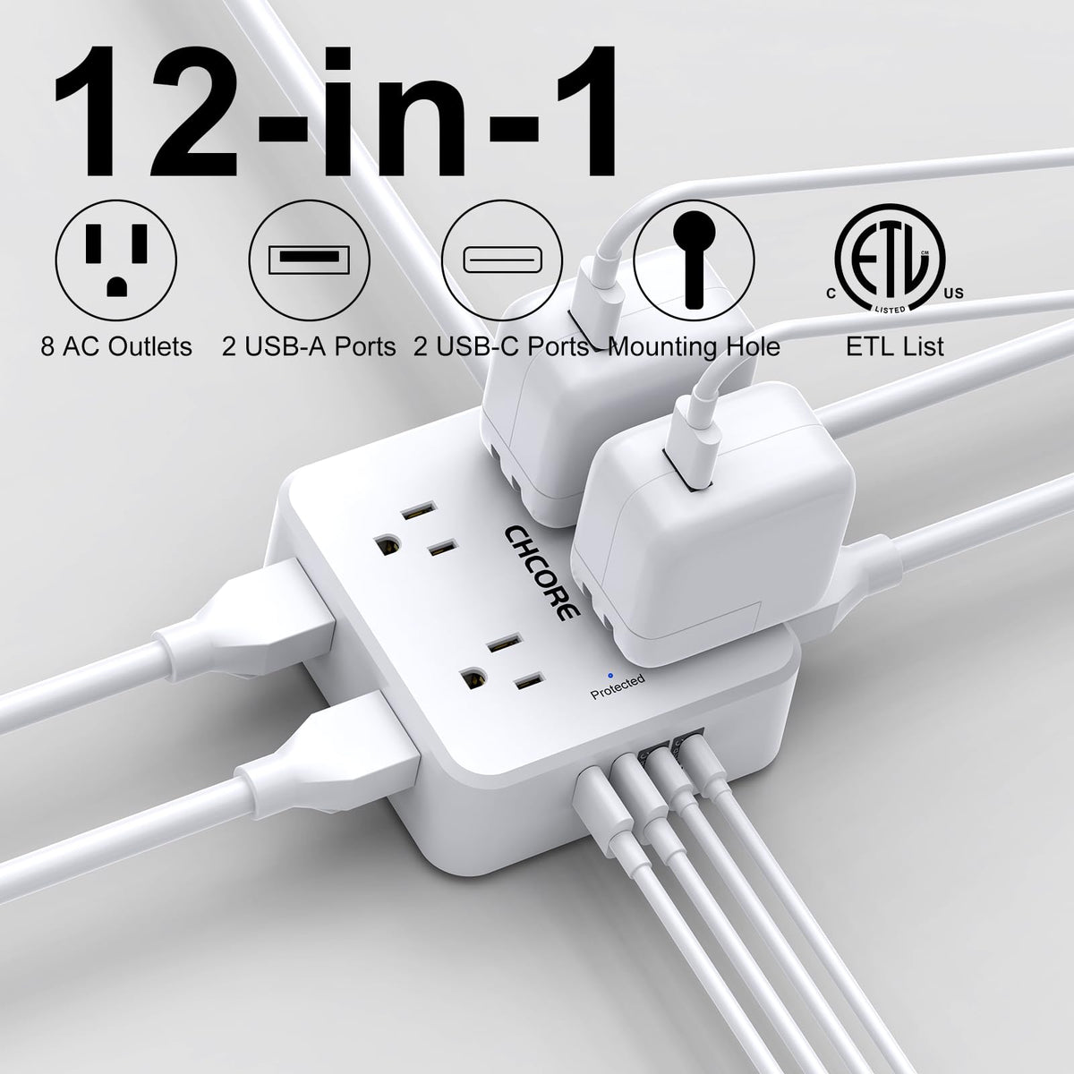 Surge Protector Power Strip - CHCORE 10 Ft Braided Extension Cord with 8 Outlets with 4 USB (2 USB C) Charging Ports, Flat Plug Multi Plug Outlet Extender Charging Station for Home Office, ETL, White