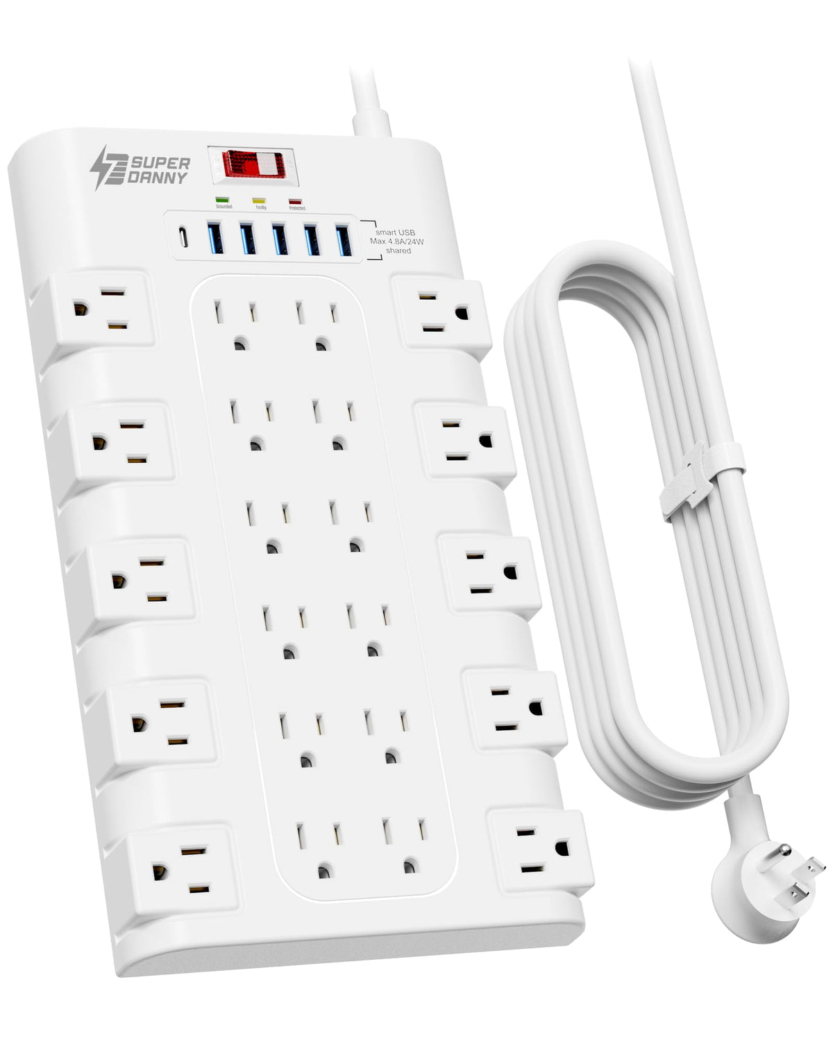SUPERDANNY Power Strip Surge Protector, 22 AC 6 USB, 2100J, 6.5Ft,1875W/15A