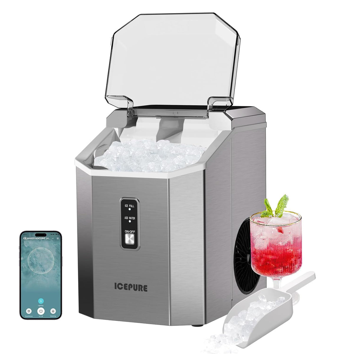ICEPURE Nugget Ice Makers Countertop with App, Portable Ice Machine