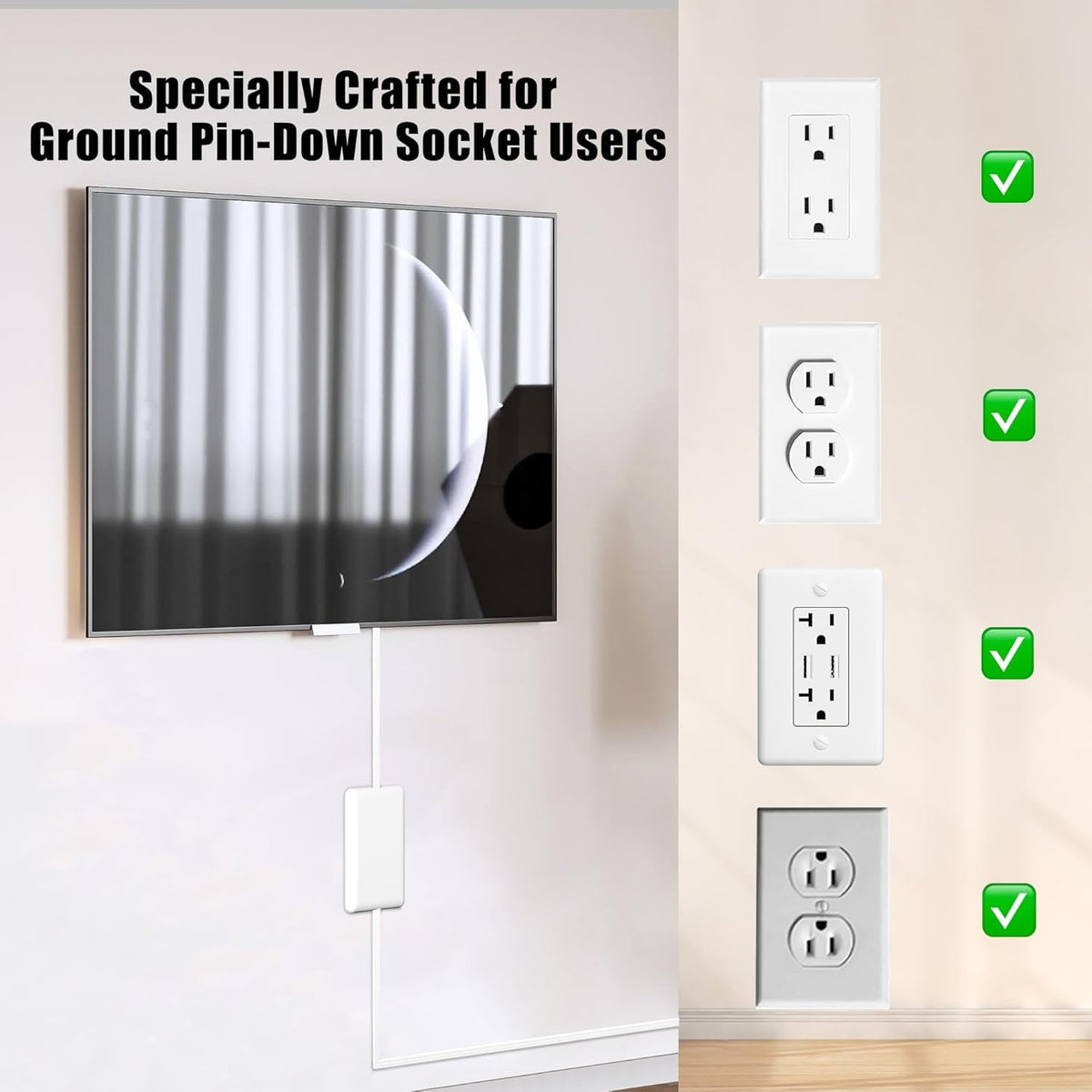 CABOCASA 3FT Flat Plug Extension Cord Power Strip 3 Outlets White Upward