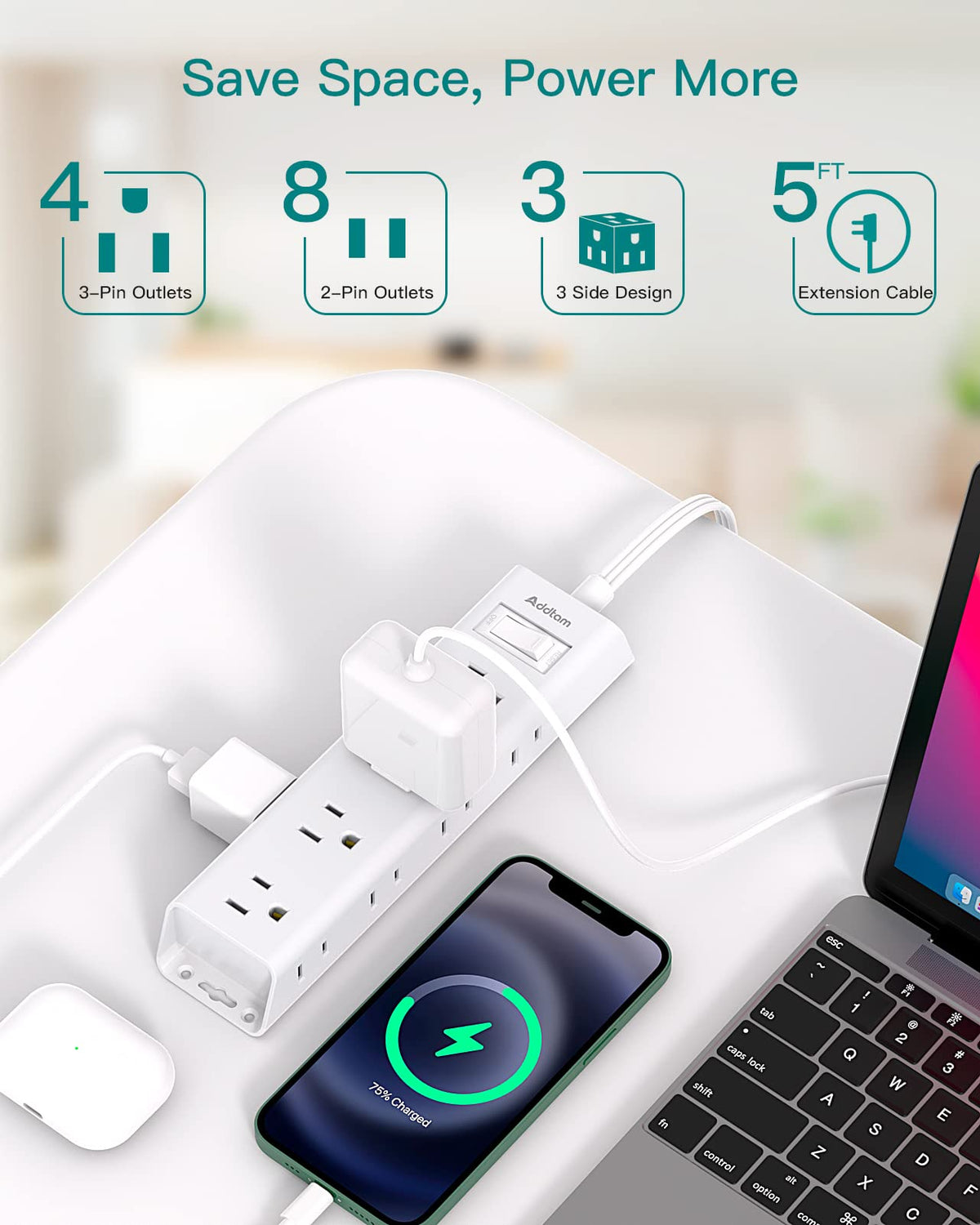 Flat Plug Power Strip, Ultra Thin Flat Extension Cord - 12 Outlets 3 Sides
