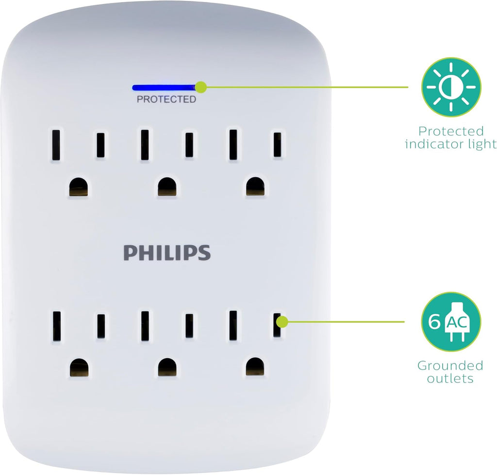 Philips 6-Outlet Extender Surge Protector, Wall Tap, 900 Joules, 3-Prong