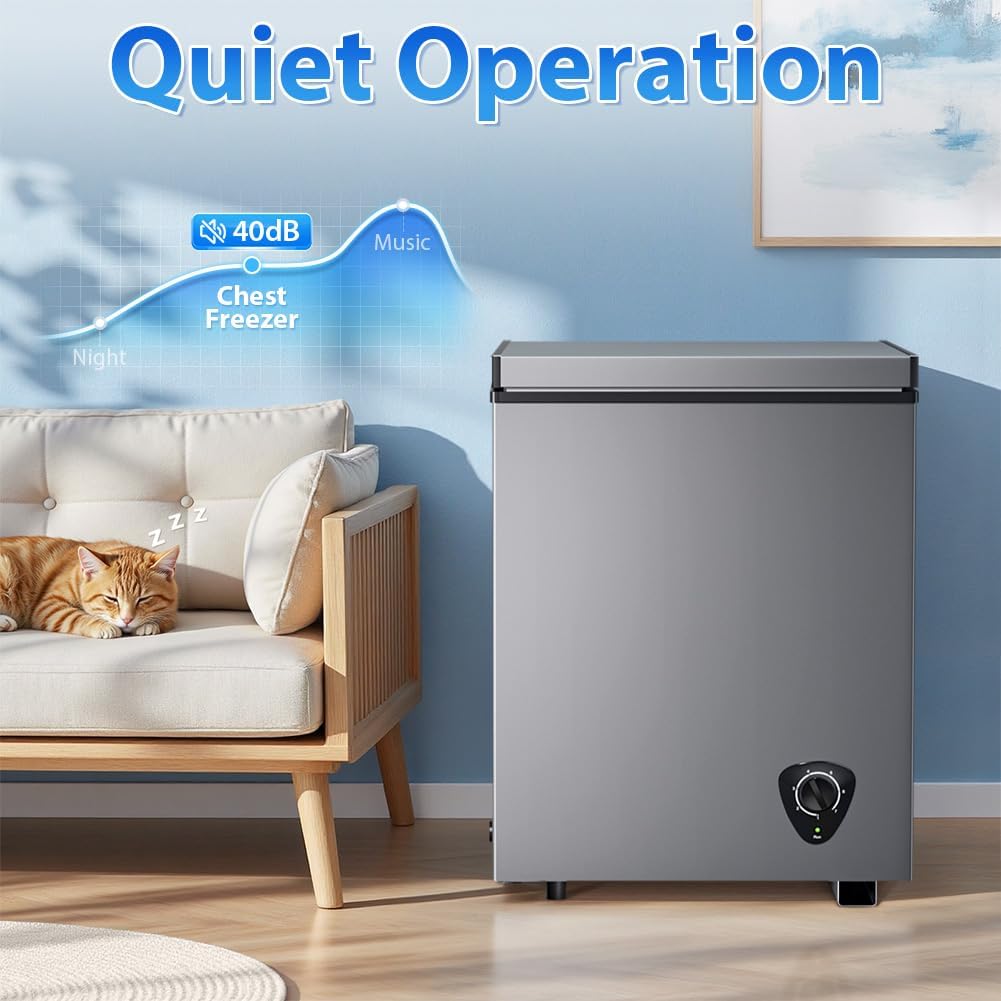 LifePlus Chest Freezer - 3.5 Cubic Feet Compact Deep Freezer Small Freezer 7 Adjustable Temperature with Removable Basket, Energy Saving Super Quiet for Garage, Office, Kitchen, or Apartment, Gray