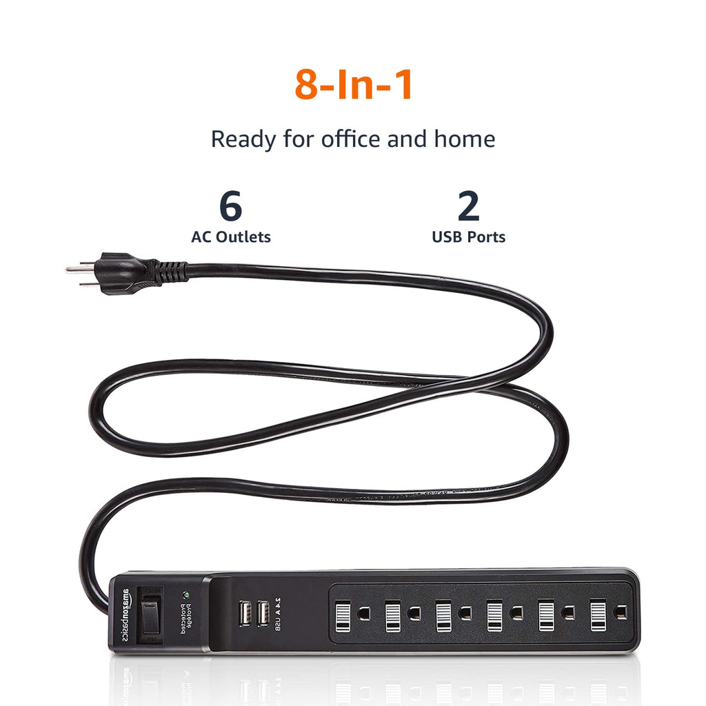 Amazon Basics Surge Protector Power Strip, 6-Outlet, 790 Joules, 6ft Extension Cord, Safety Shutters, White