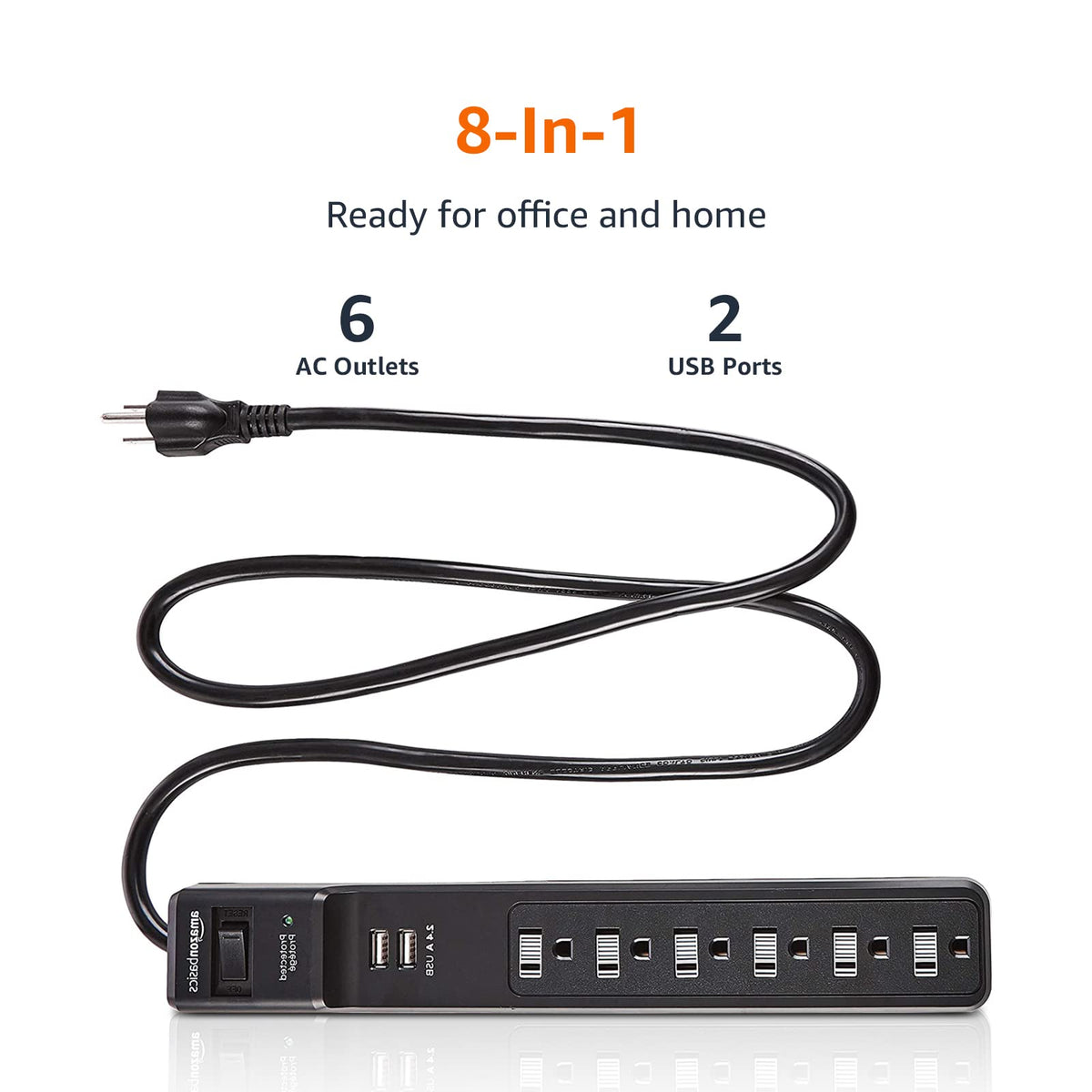 Amazon Basics Surge Protector Power Strip, 6-Outlet, 790 Joules, 6ft Extension Cord, Safety Shutters, White