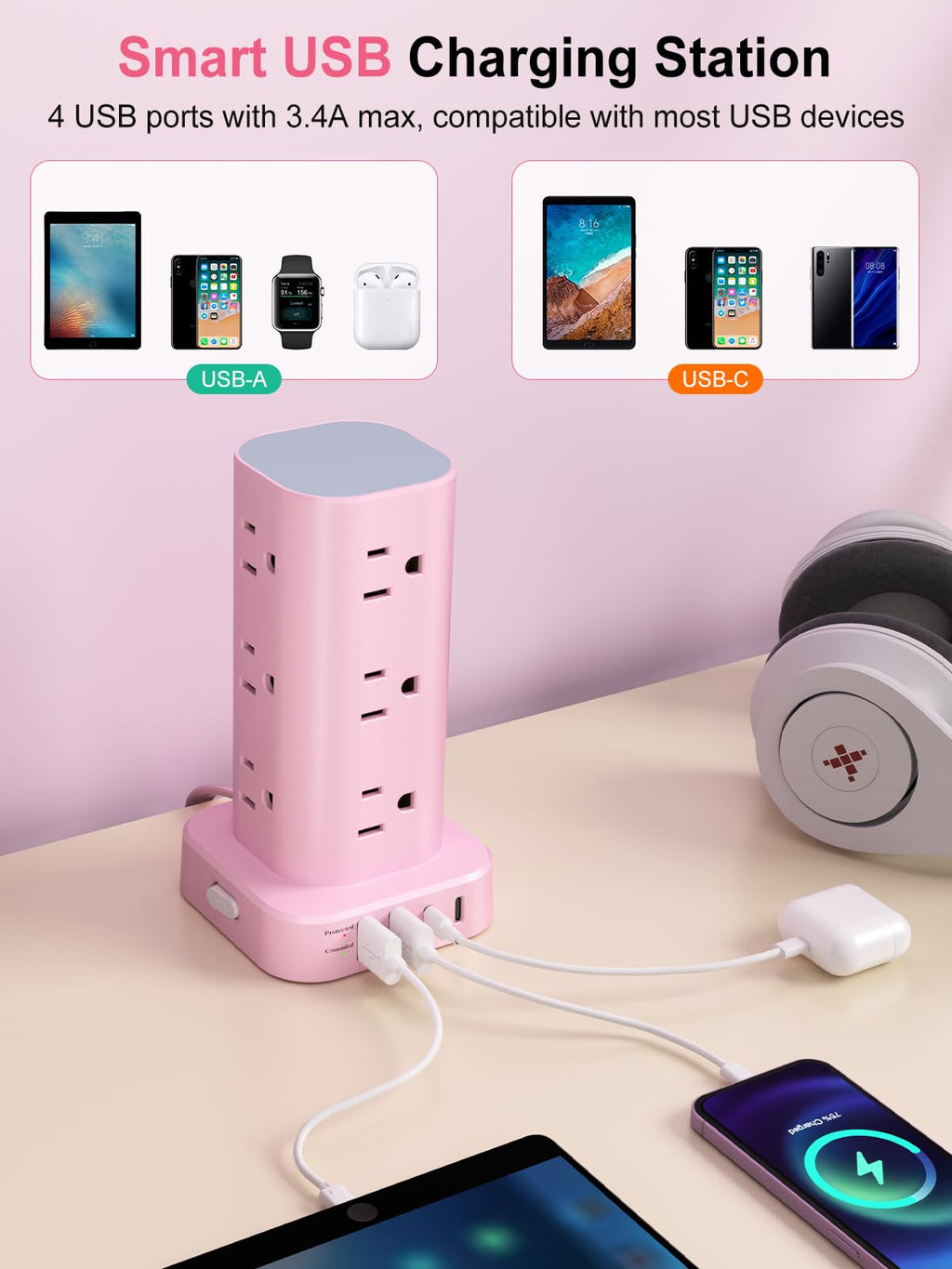 6FT Power Strip Tower with Wireless Charger,Surge Protector with 12 Outlets